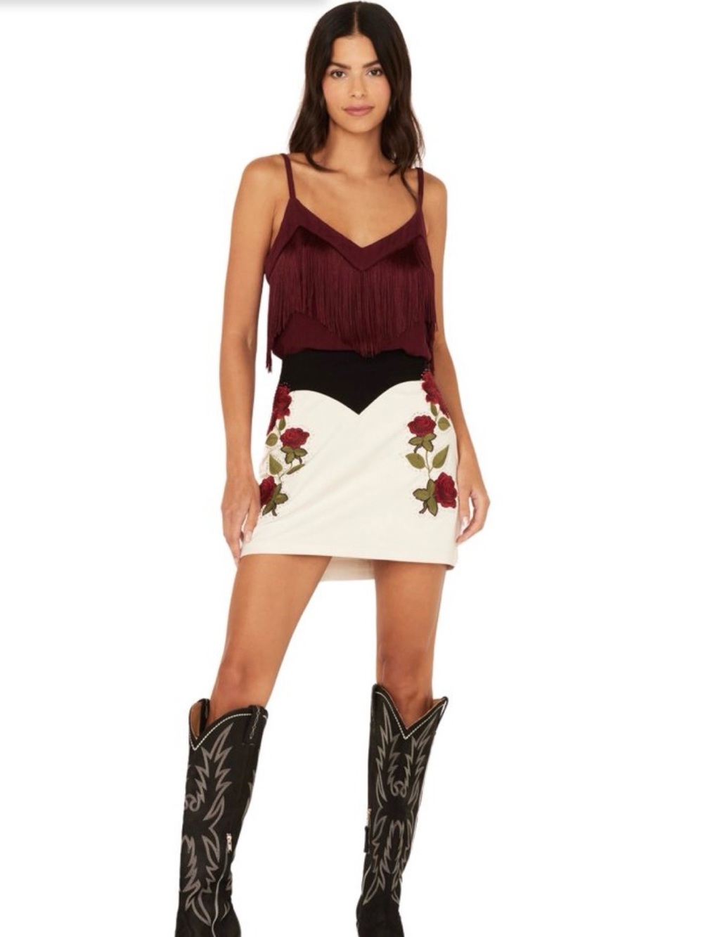 Idyllwind Black & White Mini Skirt with Red Rose Appliqué